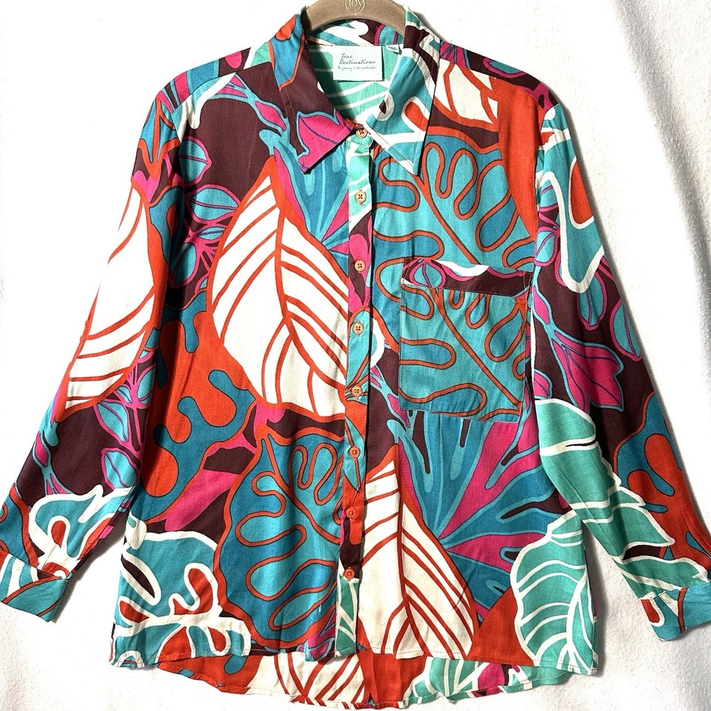 True Destinations XS Long Sleeve Button Blouse Top Pink Multi Floral Palm Fronds
